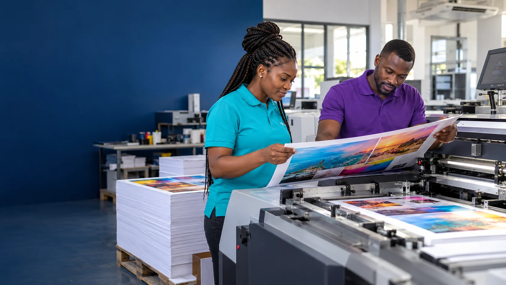 Illustration d’un atelier d’impression avec une équipe noire au travail près d’une presse numérique